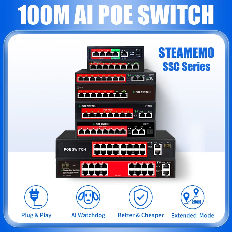 Network Switch STEAMEMO SSC Series AI POE 48V Active 90W Power Supply Ethernet 10/100Mbps For IP Camera Wireless AP