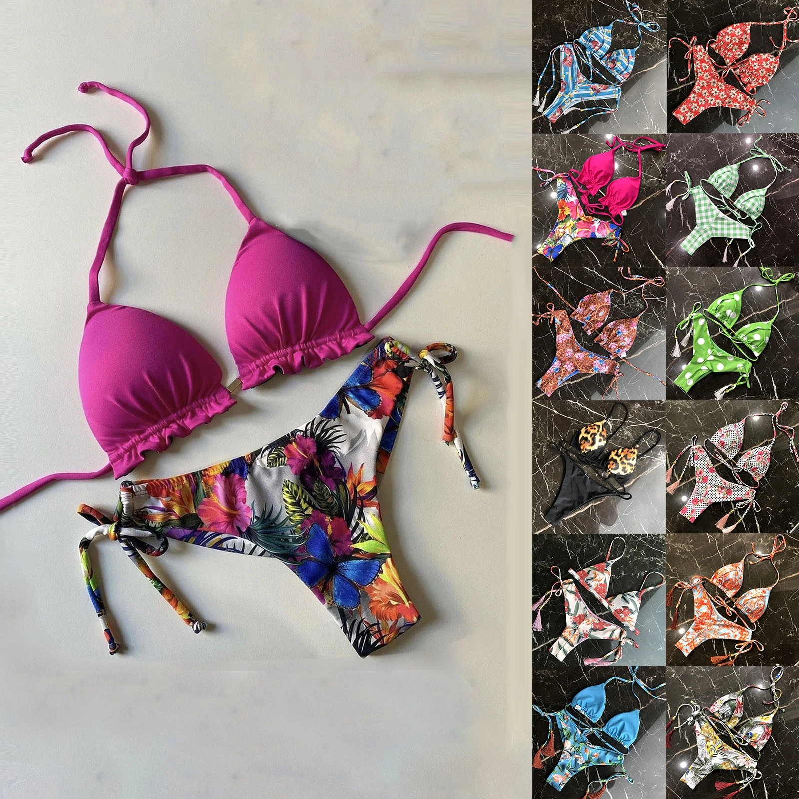 2022 Sexy Women Bikini Sets Swimsuit Lace Up Two Pieces Brazilian Bathing Swimwear Summer Print Beach Beachweart Suit For Femme pink bikini set
