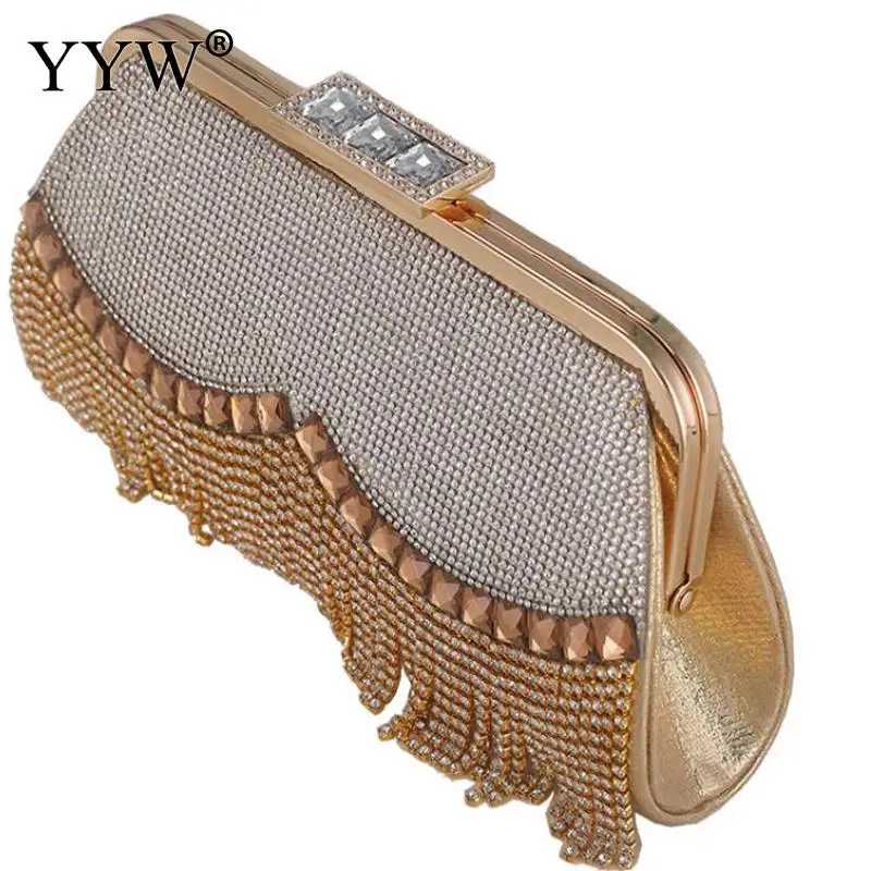 Luxury Diamond Tassel Top Handle Clutch Handbag Women Metal Chain Crossbody Shoulder Messenger Purse PU Leather Rhinestone Bag