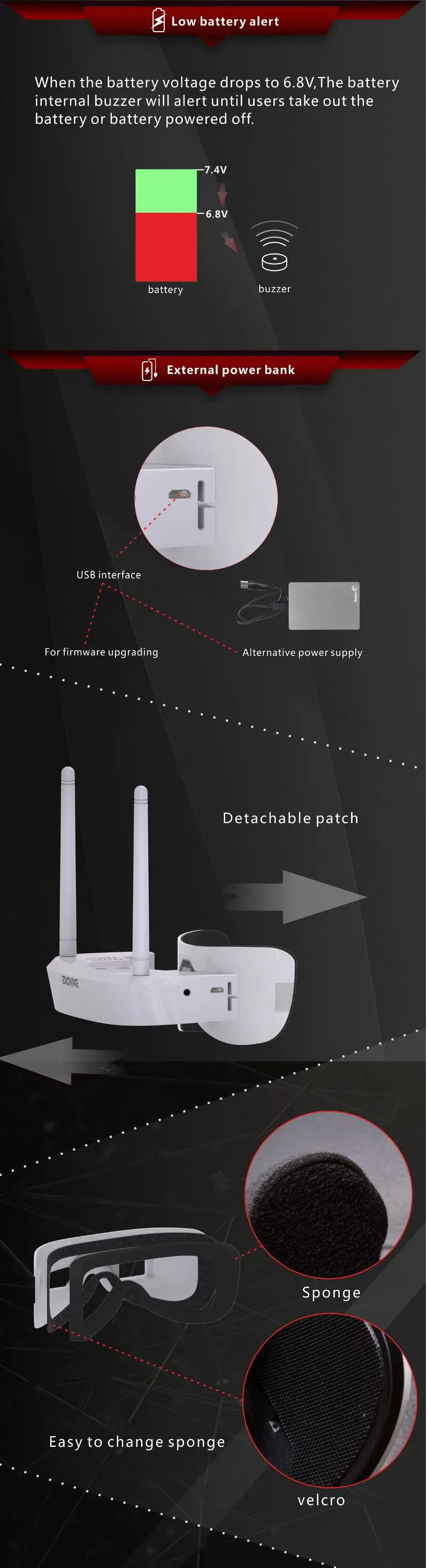 Eachine EV100 720*540 5.8G 72CH FPV Goggles With Dual Antennas Fan 18650 Battery Case For RC Drone