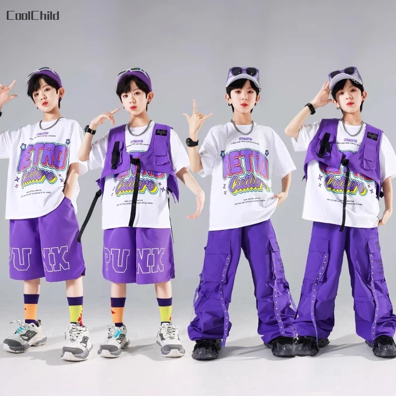 Boys Streetwear Girls Hip Hop Solid Vest T-shirt Cargo Pants Kids Street Dance Shorts Clothes Sets Children Jazz Cool Costumes kids streetwear sets