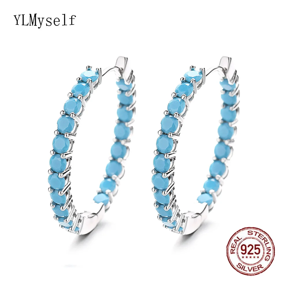 

3CM Hoop Earring Pave 3MM Natural Turquoise Stone/CZ White Gold/18K Gold Plating Hoop Earrings Silver 925 Turquoise