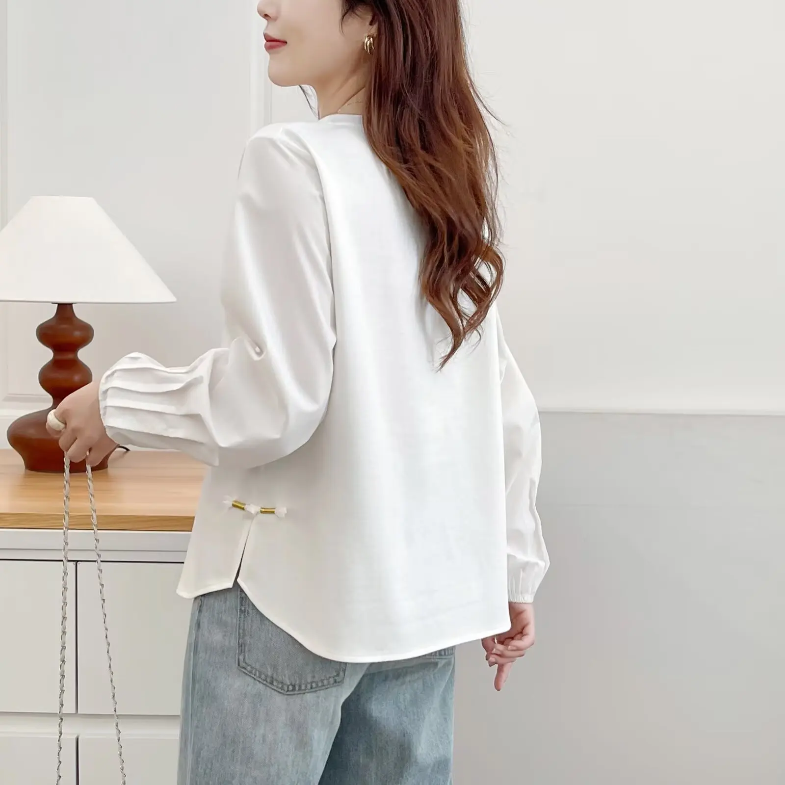 Plus Size Women's T-Shirt New Autumn Style Side Chinese-style Button Fold Long Sleeved Top Casual And Stylish Tees 168