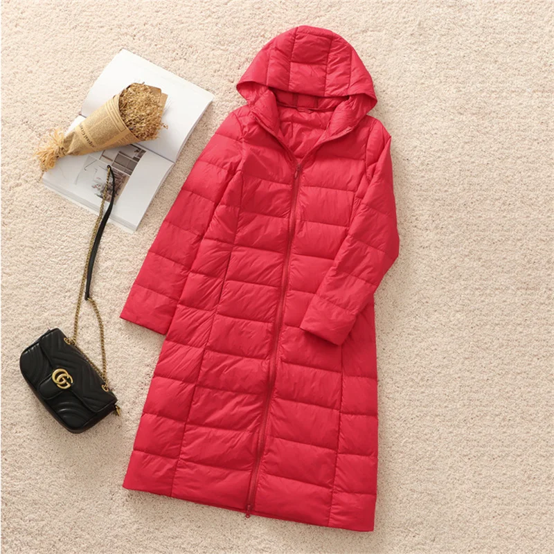 

Slim Warm Hooded Down Coat Autumn Winter Women Light Thin White Duck Down Jacket Ladies Long Bigisze Puffer Parkas Outwears