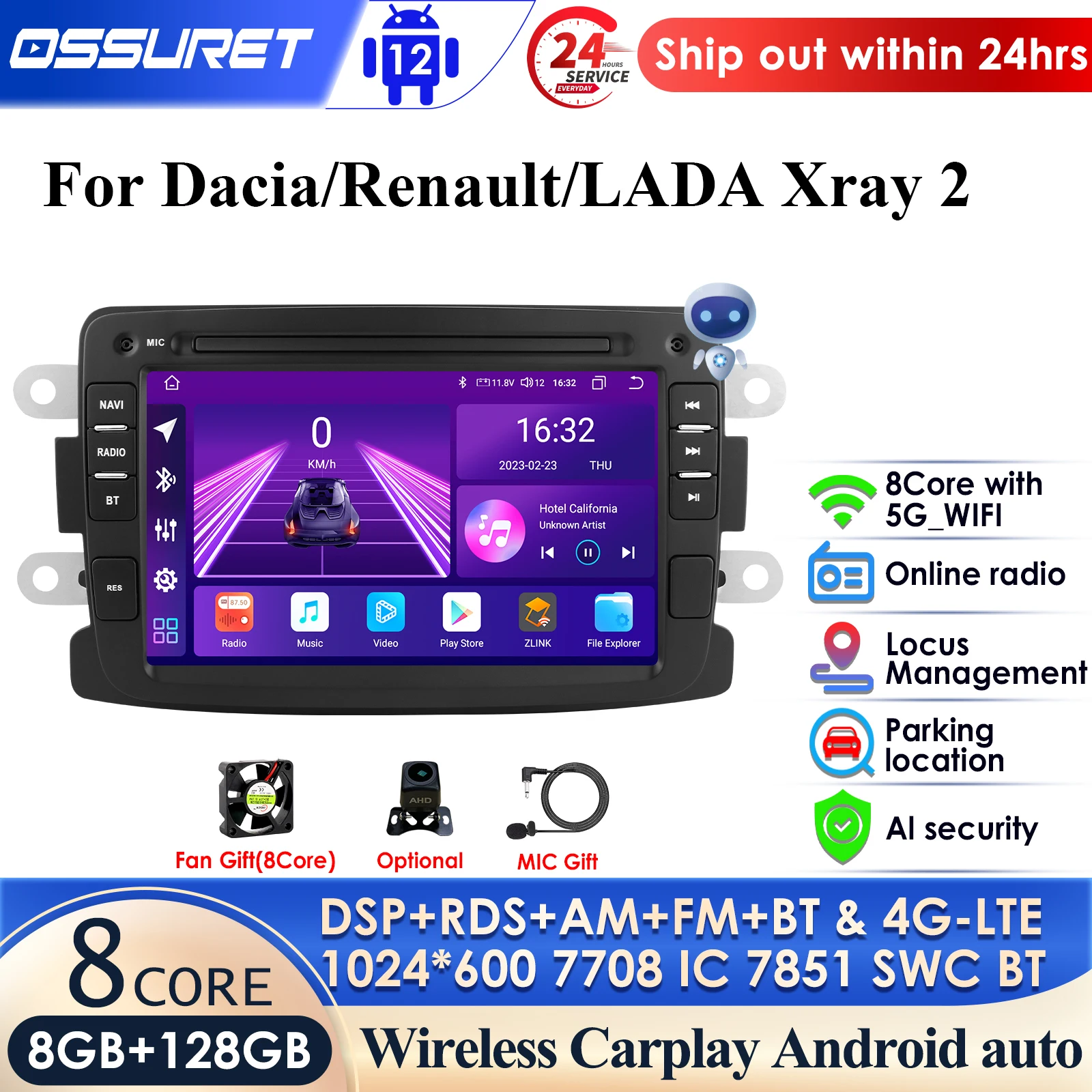 

Автомобильный радиоприемник 4G CarPlay с ИИ системой Android для Dacia Sandero Duster Renault Captur Lada Xray 2 Logan 2 мультимедийный GPS 2din Авторадио