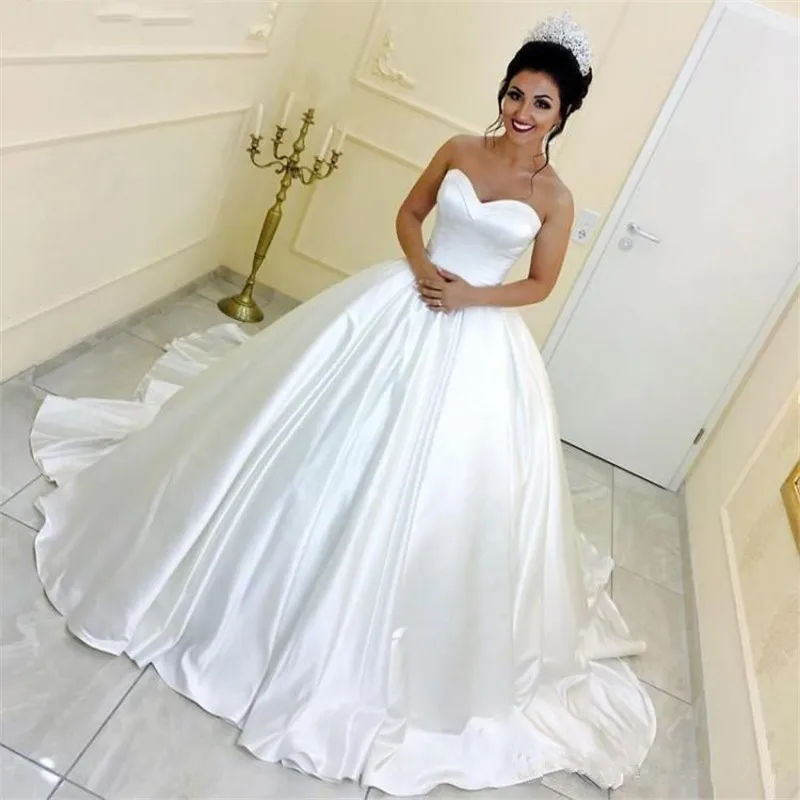 

Elegant Sweetheart Satin Ball Gown Wedding Dresses Vestido De Noiva Sexy Off The Shoulder Simple Satin Court Train Bridal Gowns
