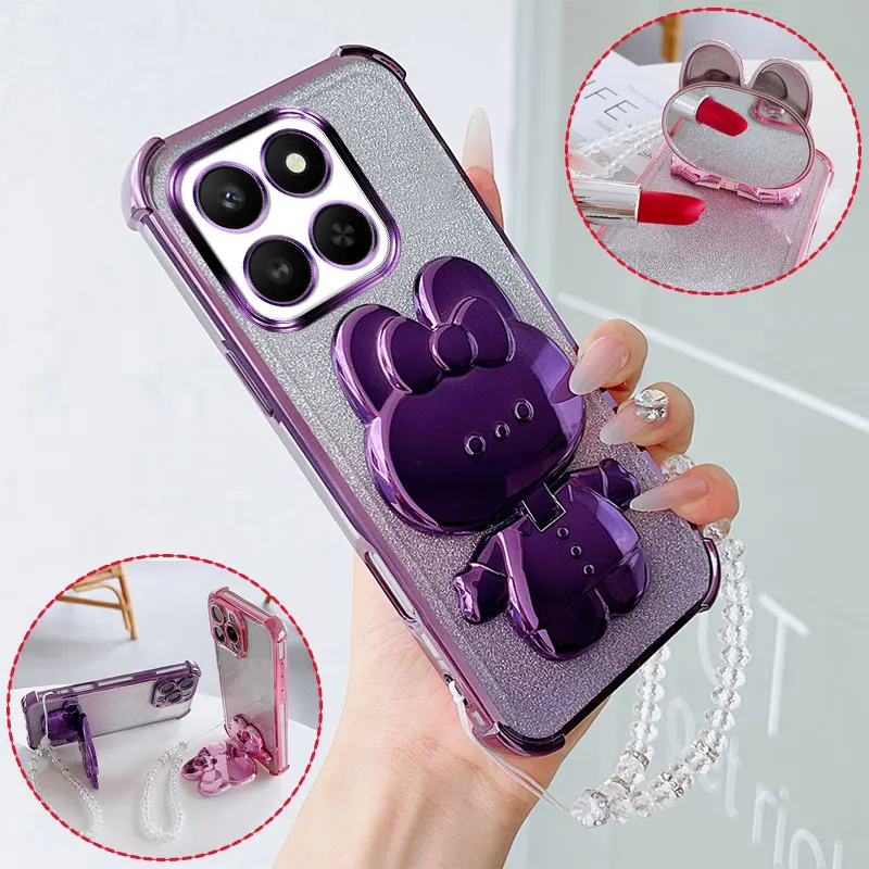 Luxury Shockproof Phone Case with Cute Rabbit Makeup Swivel Stand & Crystal Lanyard