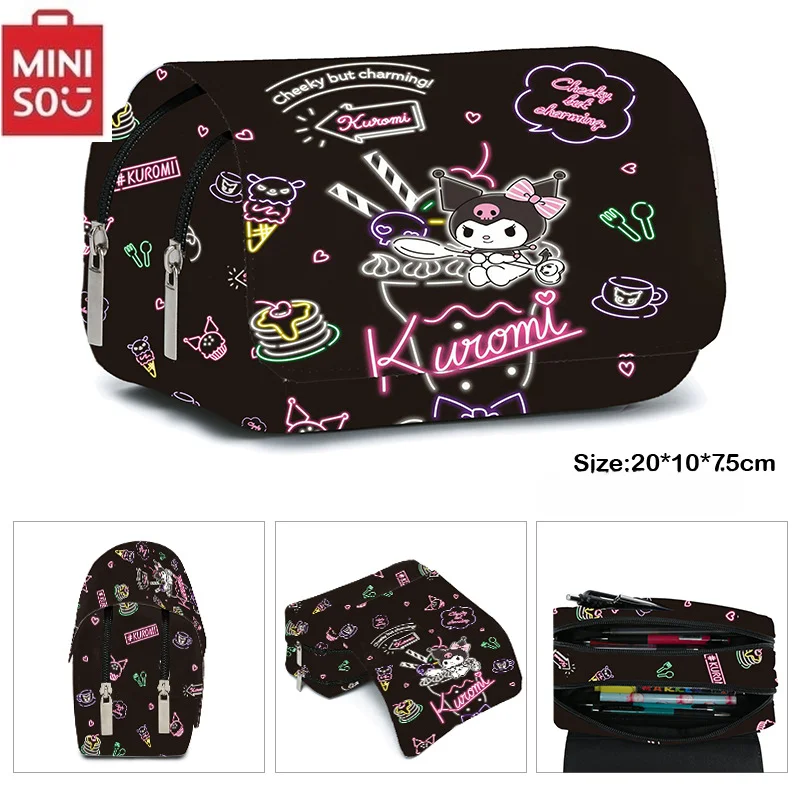 Pencil bag MINISO Kuromi Schoolbag Students Kawaii Double-layer Pencil Bag Large-capacity Casual Backpack Cartoon Printing Pen Bag