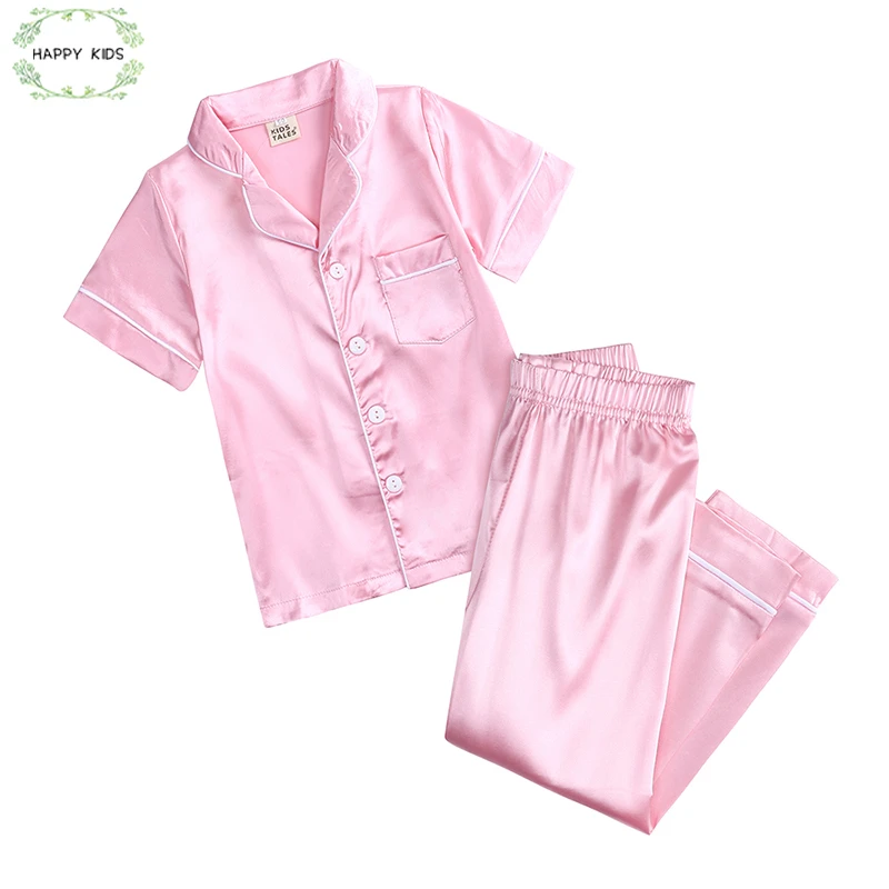 cool baby nightgown Kid Unisex Pajamas Set Girls Boys Silk Satin Nightwear Set Todder Long Sleeve 2Piece Clasic Button-Down Sleepwear for 1-13Years angel baby sleepwear