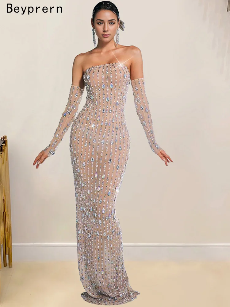 Rhinestone See Through Split Maxi Dress