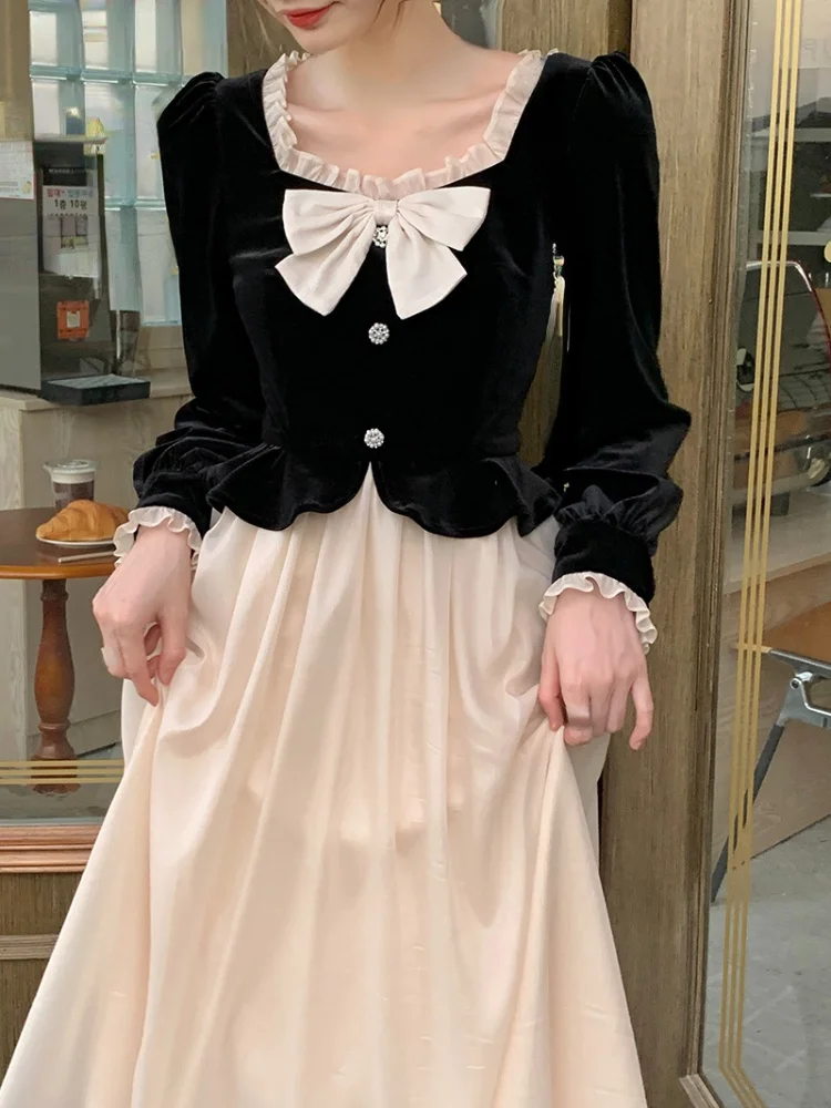

Vintage Velvet Midi Dress Woman Elegant 2022 Spring Patchwork Long Sleeve Casual Dress Korean Style Evening Party Dress Female