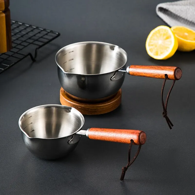 Stainless Steel Oil Pot with Wooden Handle 120ml/200ml Spilled Mini Soup Milk Pot Scalding-proof Kitchen Tool Cook Accessories