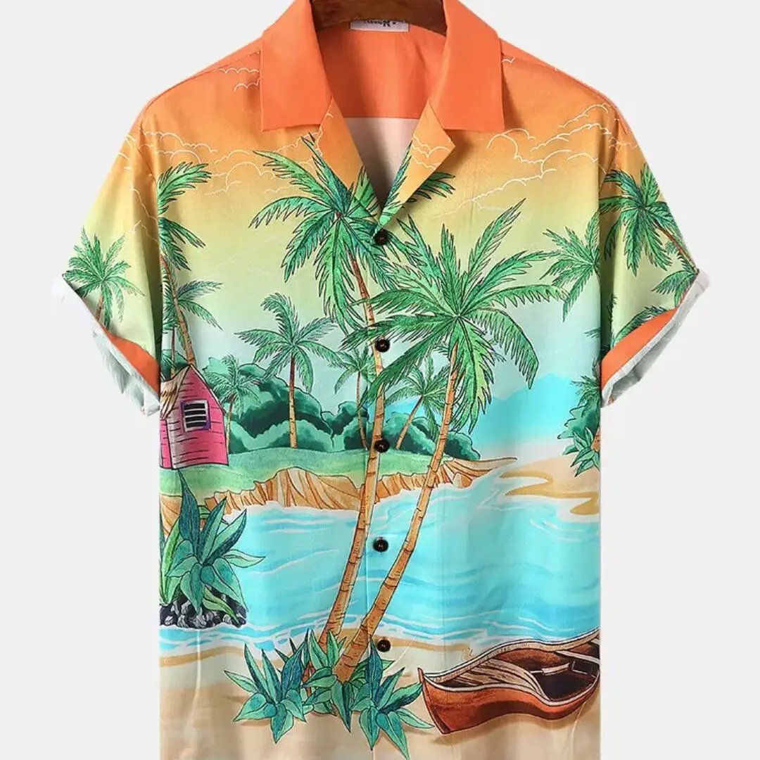 Coconut Tree Hawaiian Shirt Men Cuban Men's Fashion Travel Vacation Loose Camisas Casuais Blouse Short Sleeve Tops Man Clothing
