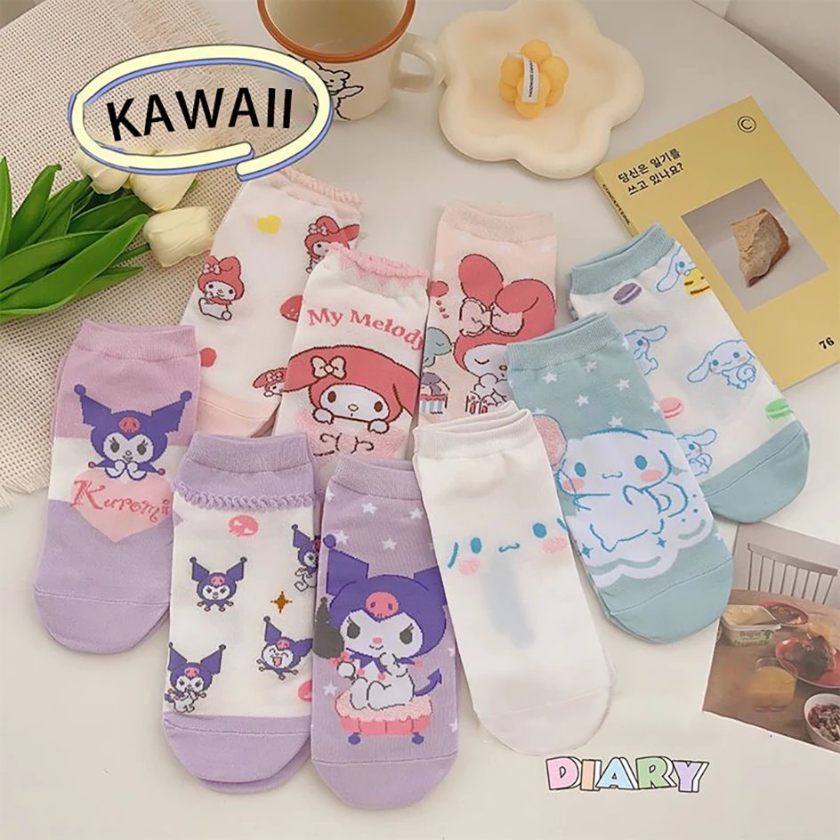 

3Pair Cute Sanrio Socks Hello Kitty My Melody Kuromi Kawaii Women Spring And Summer Cotton Ventilate Invisible Mouth Boat Socks