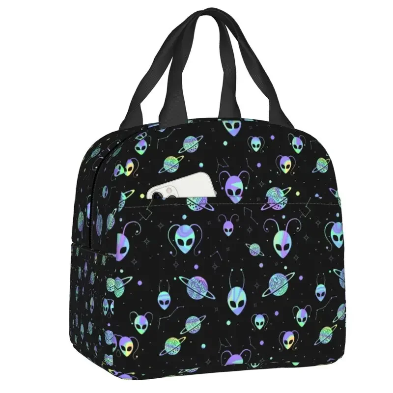 

Holographic Alien Universe Cosmos With Planet And Stars Insulated Bag Portable Cooler Thermal Lunch Box Women Kids