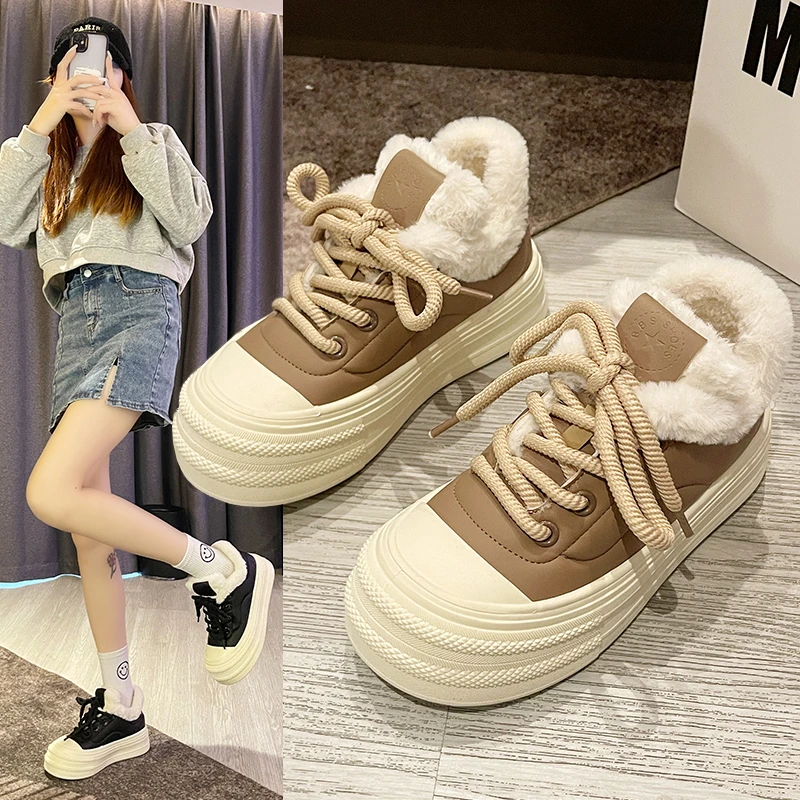 Women Snow PU Lovely Shoes Female Luxury Non-Slip Platform Casual Flat Footwear Winter Firm Warm Plush Shoe Girls Free-Shipping