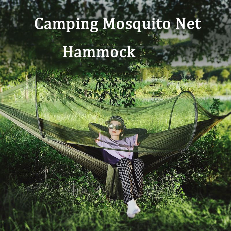 Camping Hammock with Mosquito Net 260x140cm Automatic Quick-opening Anti-rollover Nylon Hammock Chair Outdoor Hanging Bed Net