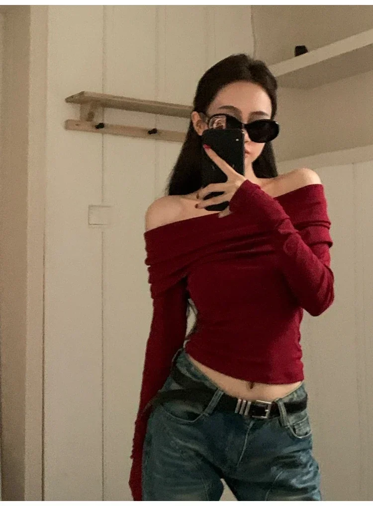 Camisetas con hombros descubiertos para mujer, camisetas casuales de manga larga lisas, tops cortos, ropa de calle, ropa de club, suéteres sexys con cuello torcido y cálidos
