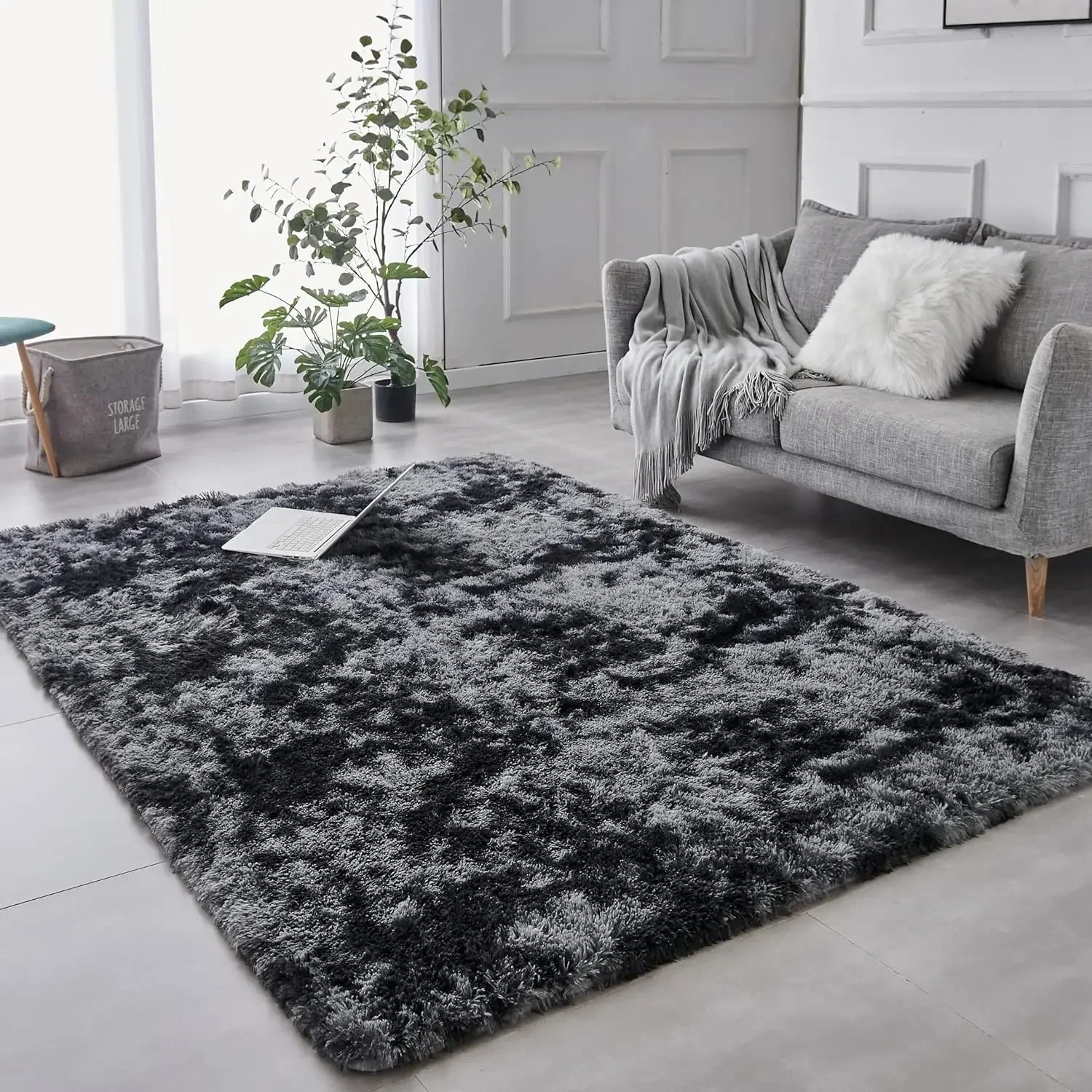 

TABAYON 8 x 10 Feet Shag Area Rugs, Ultra Soft Indoor Modern Nursery Rug, Tie-Dyed Dark Grey Plush Shaggy Throw Carpets for Boy