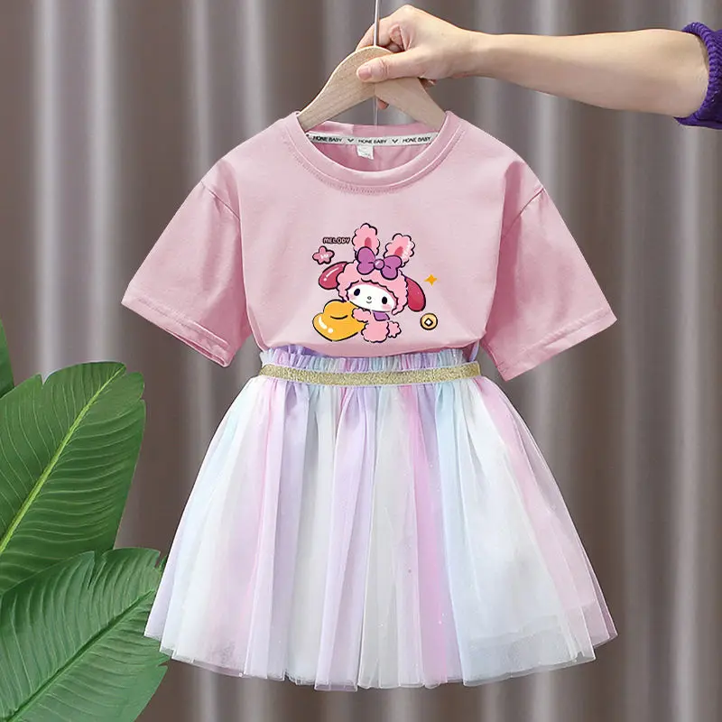 

Летнее милое платье принцессы My Melody Sanrio из чистого хлопка с короткими рукавами и газовой юбкой, милое платье для девочек, подарок на день рождения для детей