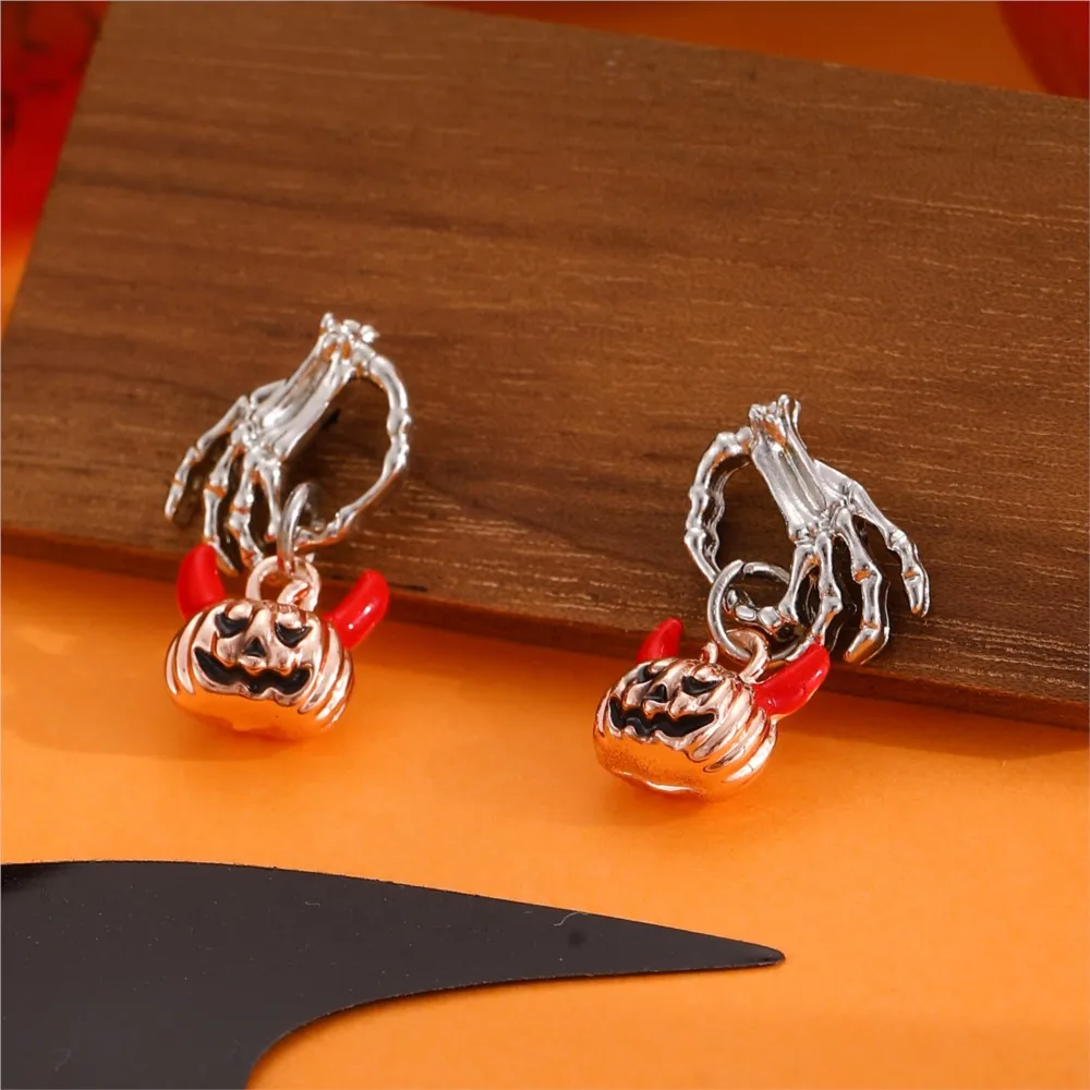 Simple Fashion Halloween Ghost Hand With Pumpkin Head Shape Stud Earrings for Women Creative Halloween Festival Celebration
