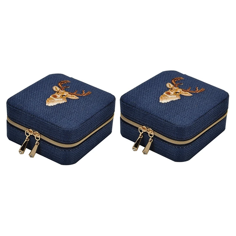 

2X New Linen Box Multifunction Necklace Ring Earings Bracelet Storage Box Organizer Girl Gift Blue