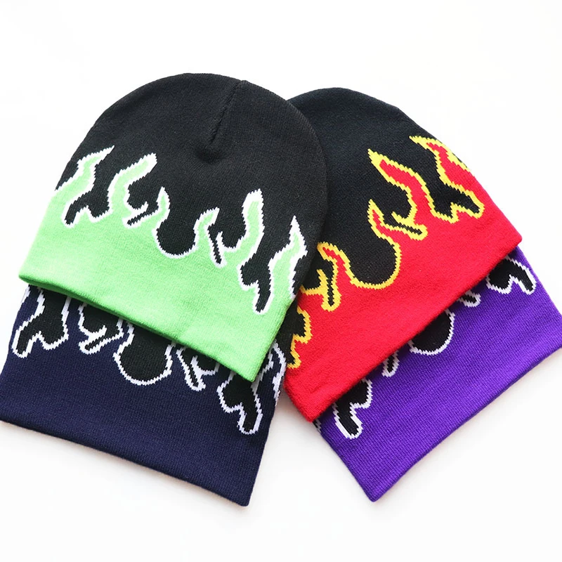 

2023 Winter Outdoor Warm Needle Woven Cap Flame Pattern Wool Hat Street Skull Hat Anti -cold Cotton Hat Beanies for Men