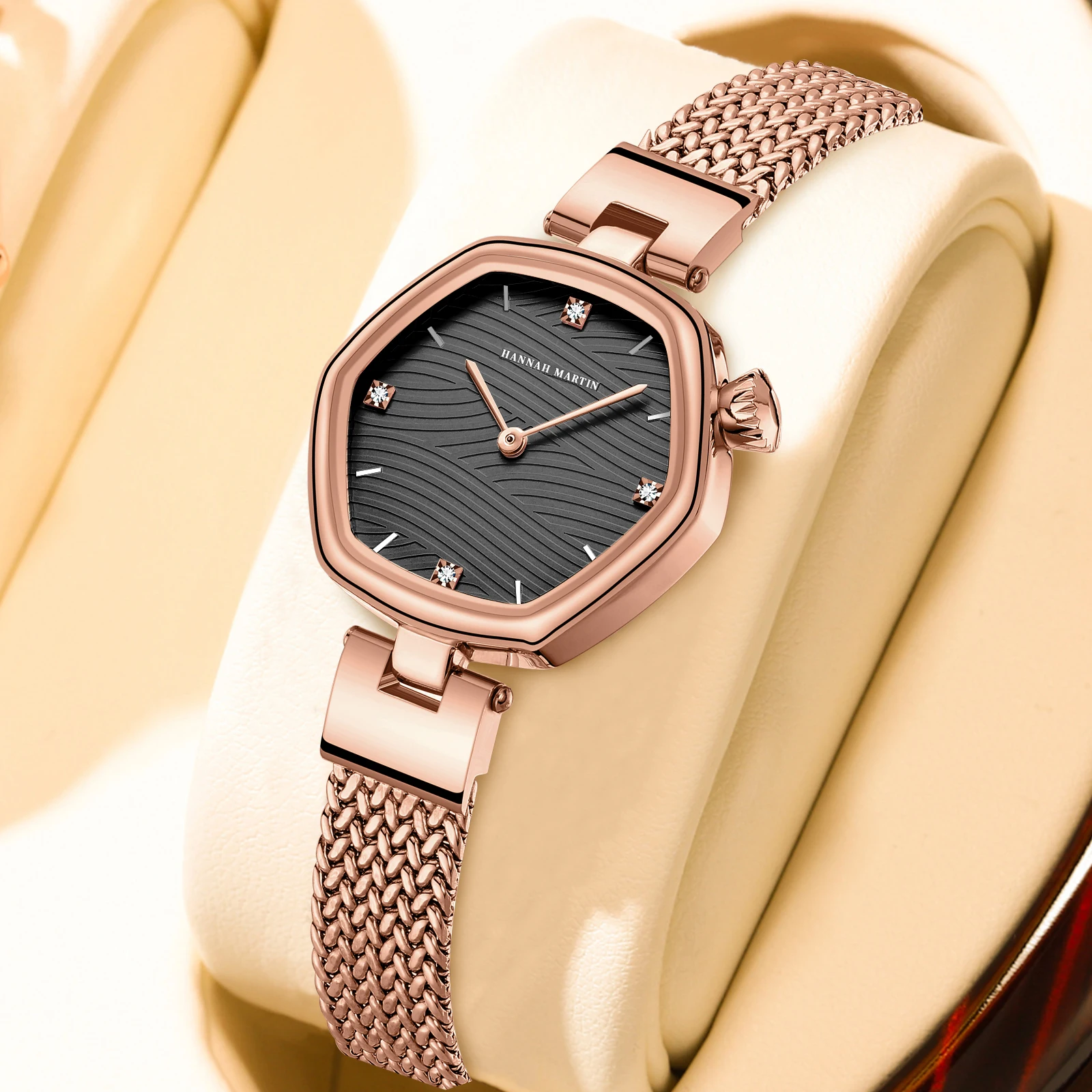 Hannah Martin Top Brand Women Stainless Steel Mesh With White Rose Gold Clock Original Japanese Quartz Movement Luxury Watches 6