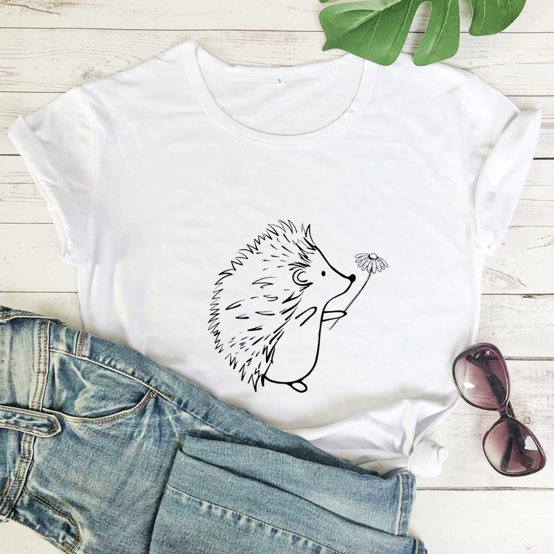 

Hedgehog And Flower tshirt funny women graphic animal tee shirt