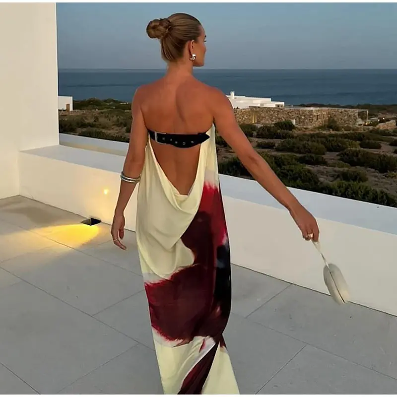 Sexy Floral Printed Strapless Long Dresses Women Loose Off The Shoulder Sleeveless Beach Dress 2025 Summer Lady Vacation Robes