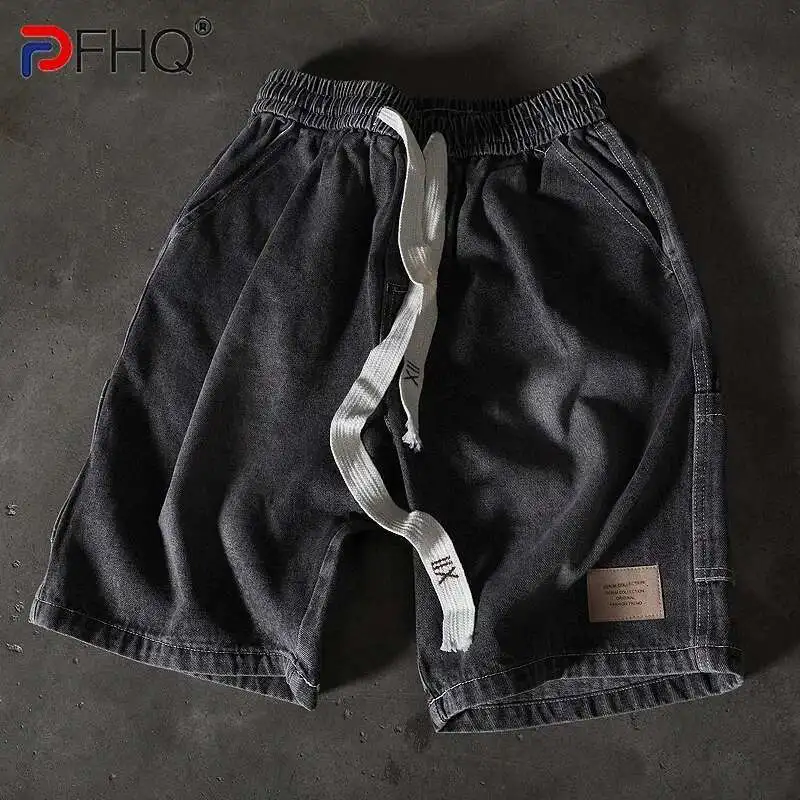 PFHQ Men's Denim Shorts Summer Trendy Washed Workwear Five Quarter Pants Lace Up Design Korea Fashion 21E3101