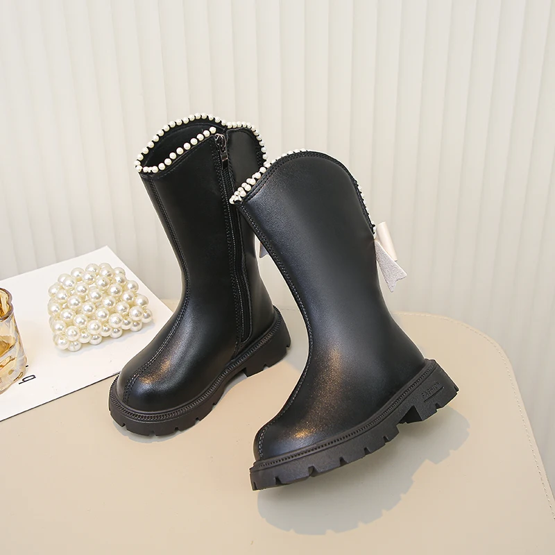 Girls Fleece Winter Boots with Beaded Bow Non Slip