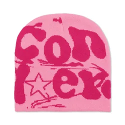 Handcrochet Jacquard Y2K Punk Beanie Hat - Soft Autumn Winter Warmer Headwear (Pink)