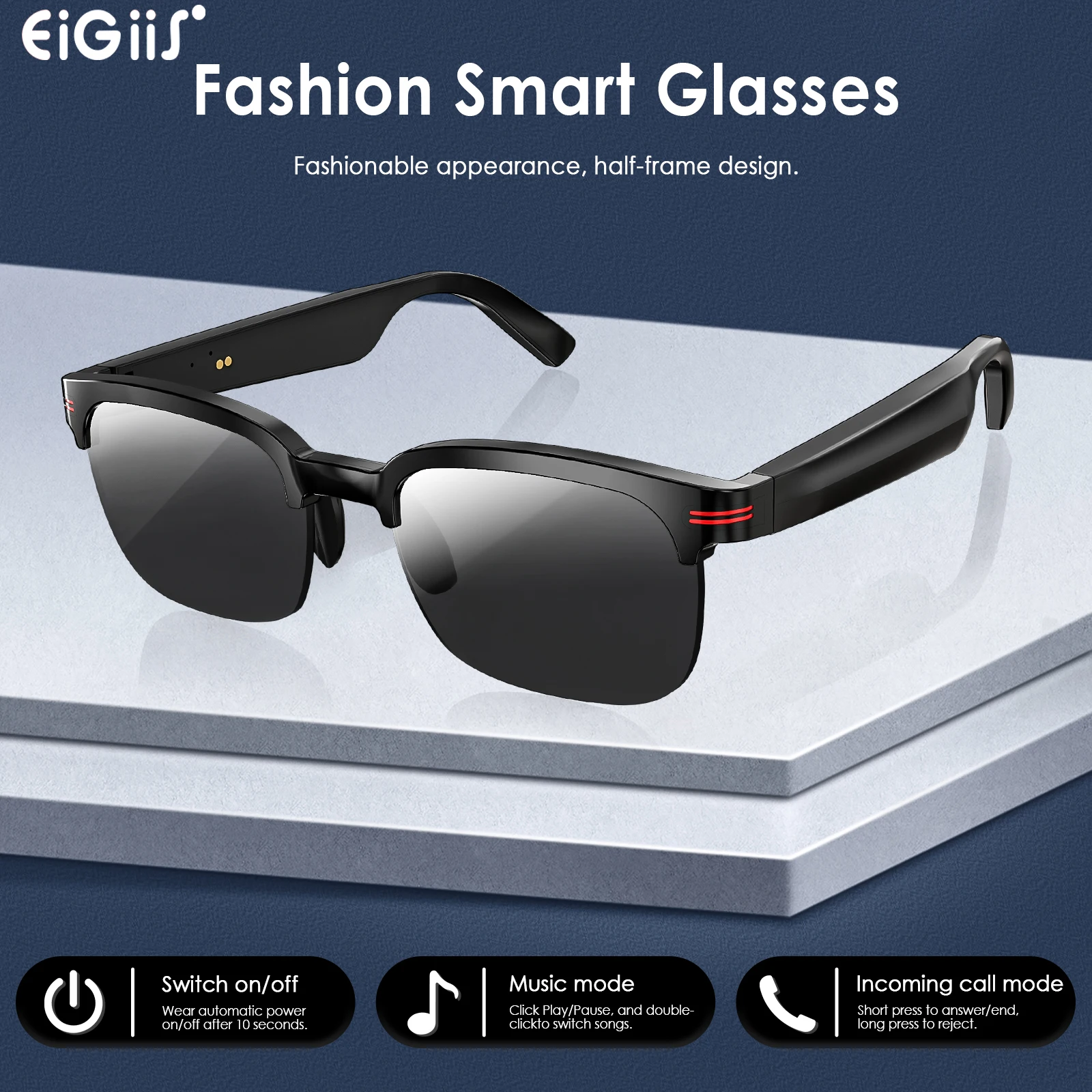 EIGIIS New Smart Glasses Wireless Call Music Playback Half Frame