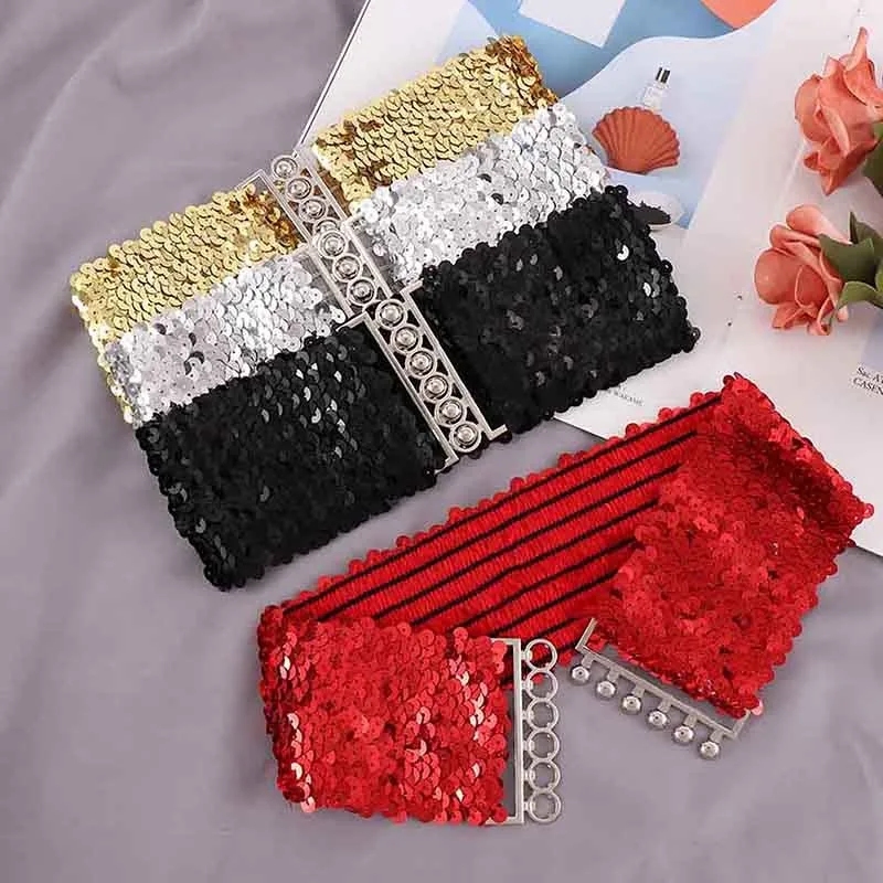 

2023 Fashion Ladies Waistband Charms Women Elastic Sequin Belly Waist Belt Casual Stretch Belt Buckle Corset Wide Waist Belts