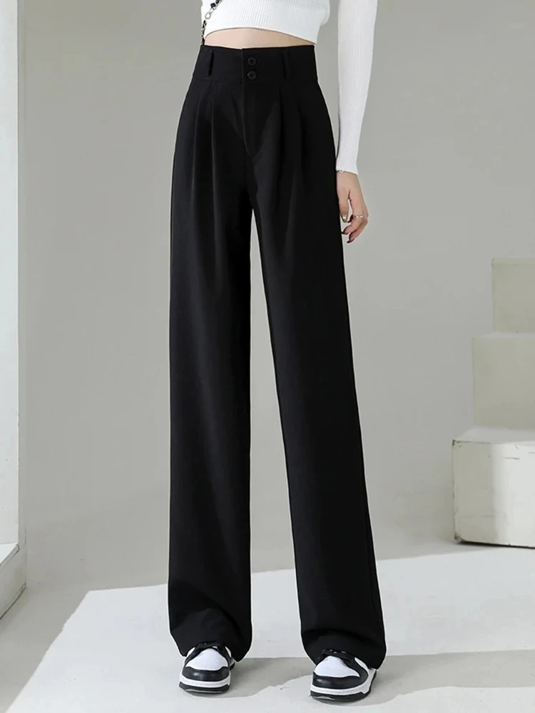 Autumn New Women's High Waist Wide Leg Pants Loose Straight Coffee Trousers with Double Buttons Casual Suit Pants Stylish Simple 2021 harajuku women s fashion casual patchwork buttons pocket denim pants korean female vintage retro high waist trousers y2k