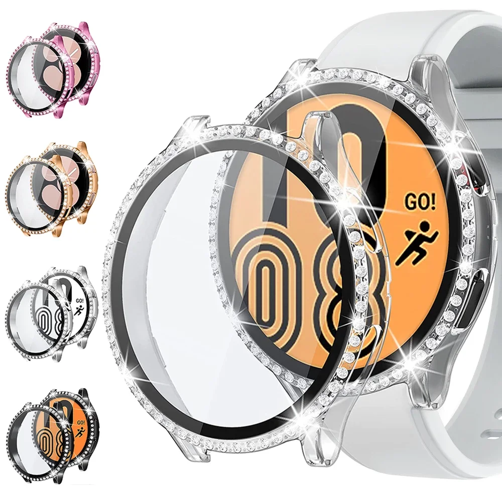 

Стекло + чехол для samsung Galaxy watch 4, 44 мм, 40 мм, аксессуары, чехол-бампер из поликарбоната с бриллиантами + Защитная пленка для экрана, чехол для Galaxy watch4