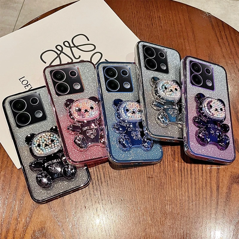 Note13 Glitter Bright Plating Bear Holder Case On For Xiaomi Redmi Note 13 Pro 4g 5g 13pro Plus 12 12s 13c Silicone Stand Cover_voghion.com
