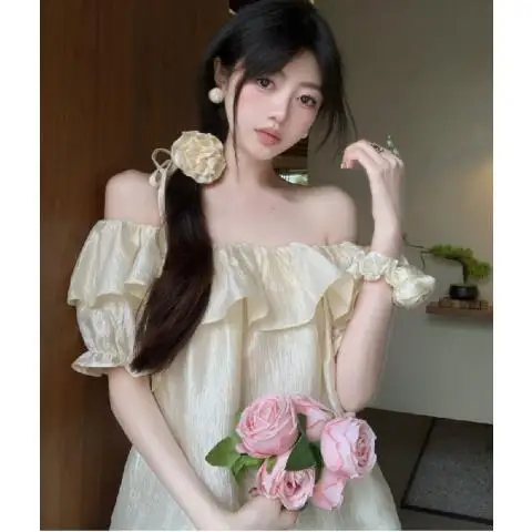 Shirt Solid Sweet Ruffles Spliced Blouse Women'S Clothing Fashion Temperament Slash Neck Off Shoulder Shirt Female All-Match