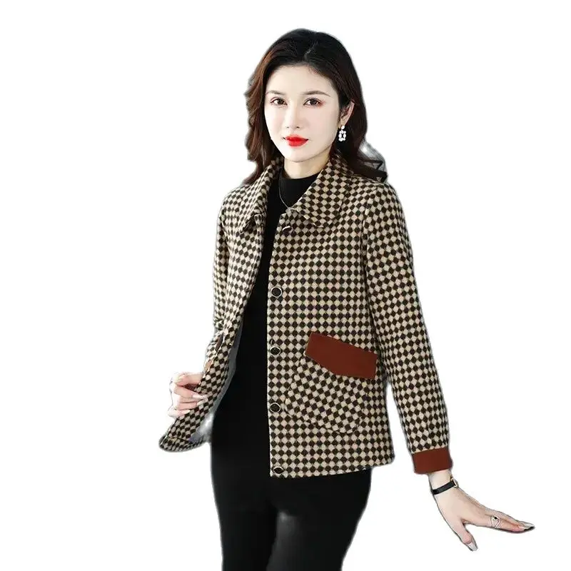 

Middle-Aged Women's Spring Autumn Coat Fashion 2023 New Single Breasted Leisure Short Grid Jacket Loose Female Outerwear