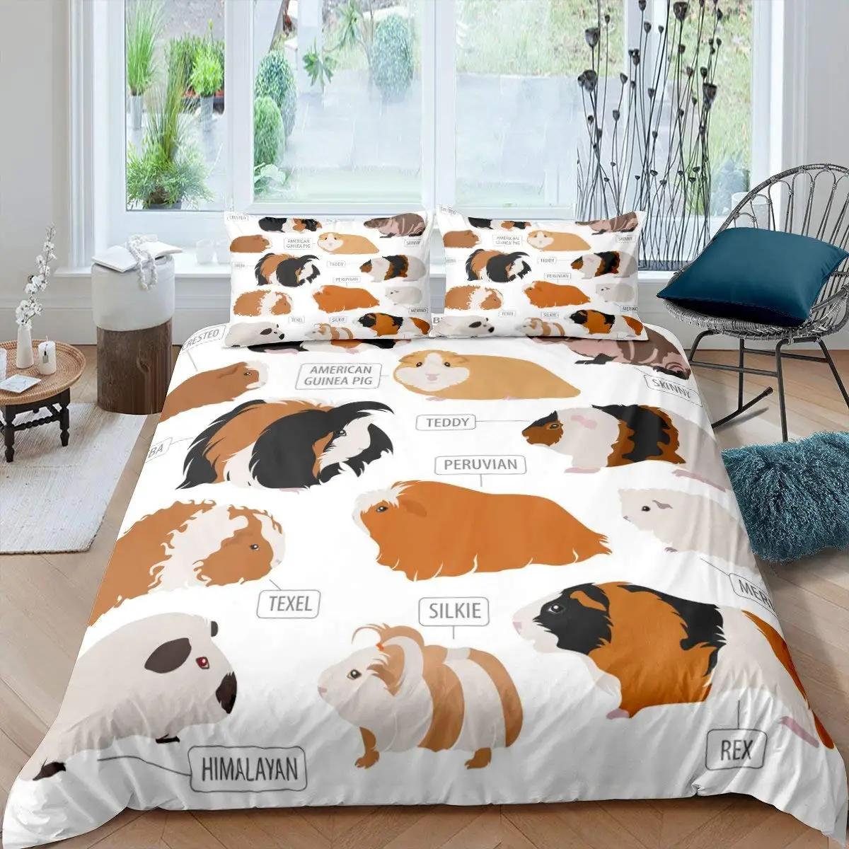 Guinea Pig Duvet Cover King/Queen Size for Kids Teens Boys Girls,Cute Cartoon Hamster Rodents Bedding Set for Dorm Bedroom,White