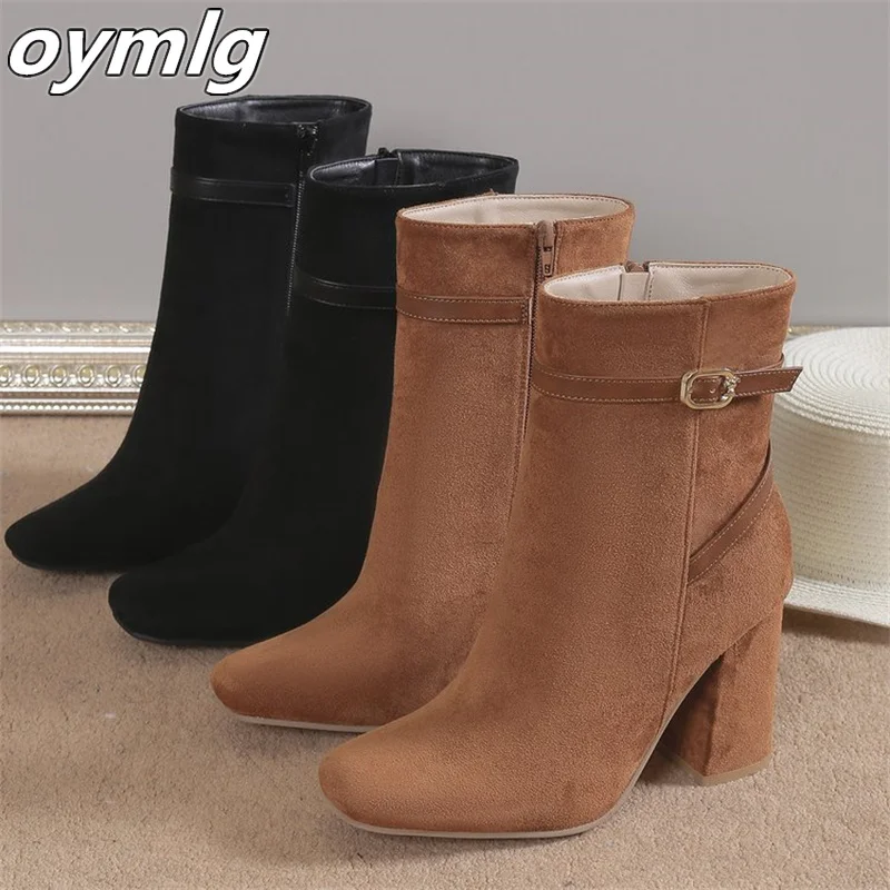 Winter New Fashion Boots Women's Temperament Pointed Suede Belt Buckle Thick Heels High Heels Large Size Short Boots Wholesale