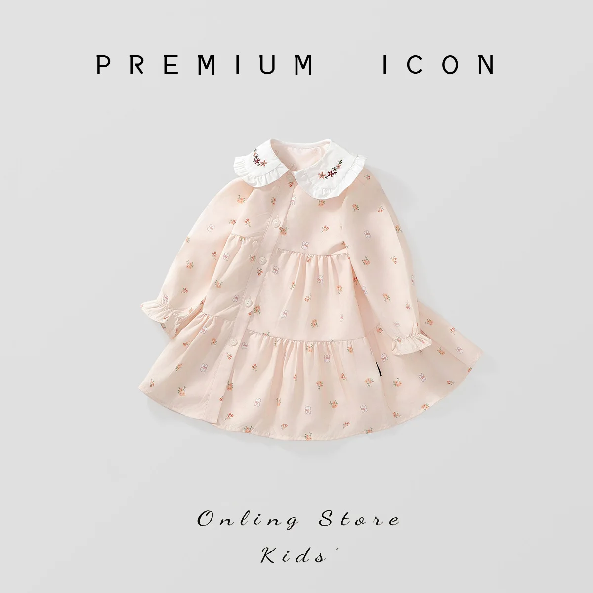Korean New Toddler Girls Dress Cotton Peter Pen Collar Embroidery Kids Girls Dress Single Breasted Printed Babys