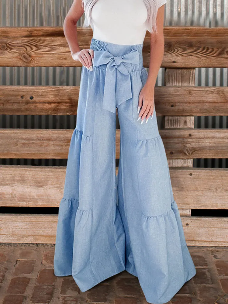 Vintage Bow Tie Pleated Wide Leg Pants