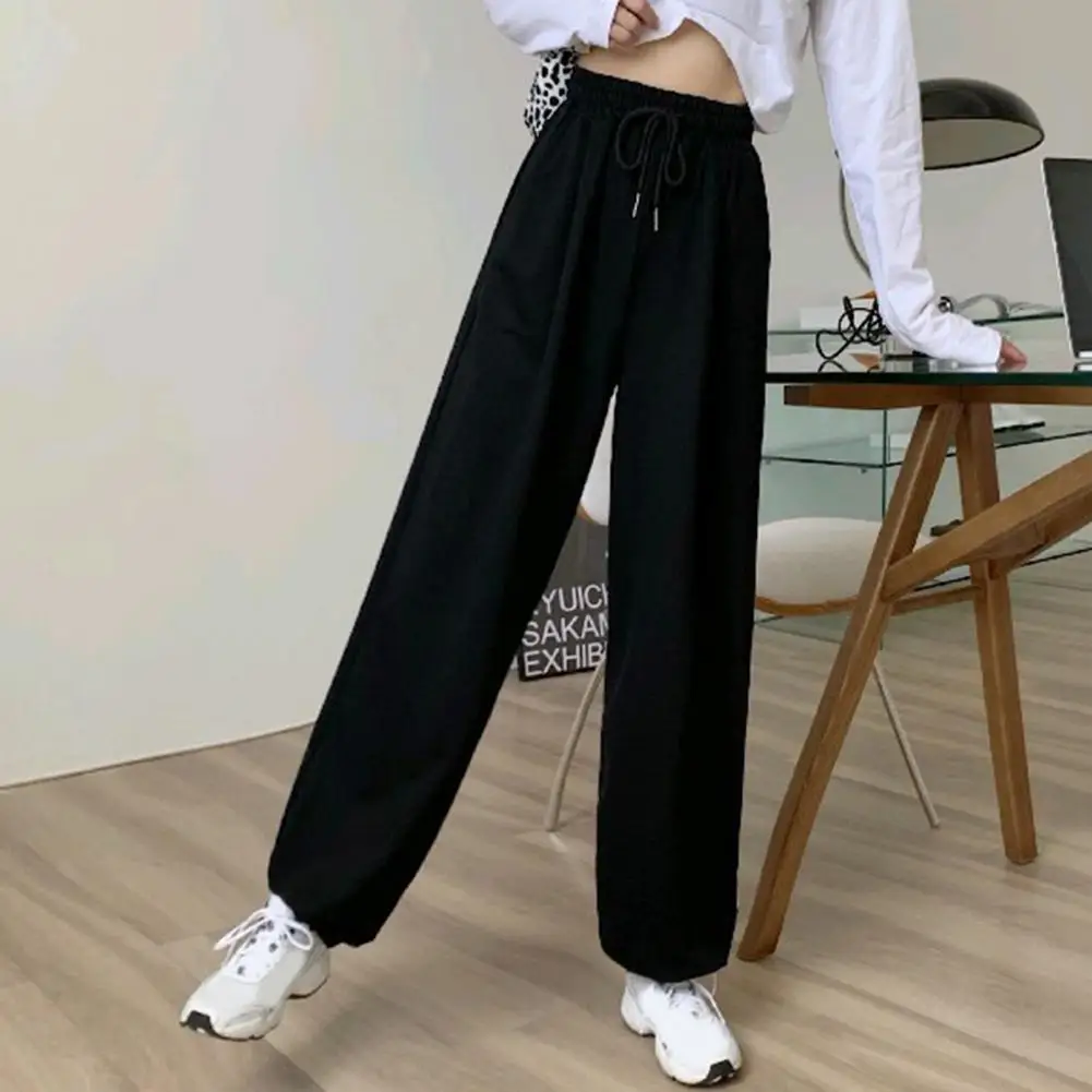 Trendy Women Sports Trousers Elastic Waist Skin-touch Pure Color Ankle Tied Sweatpants Temperament Women Pants Clothes