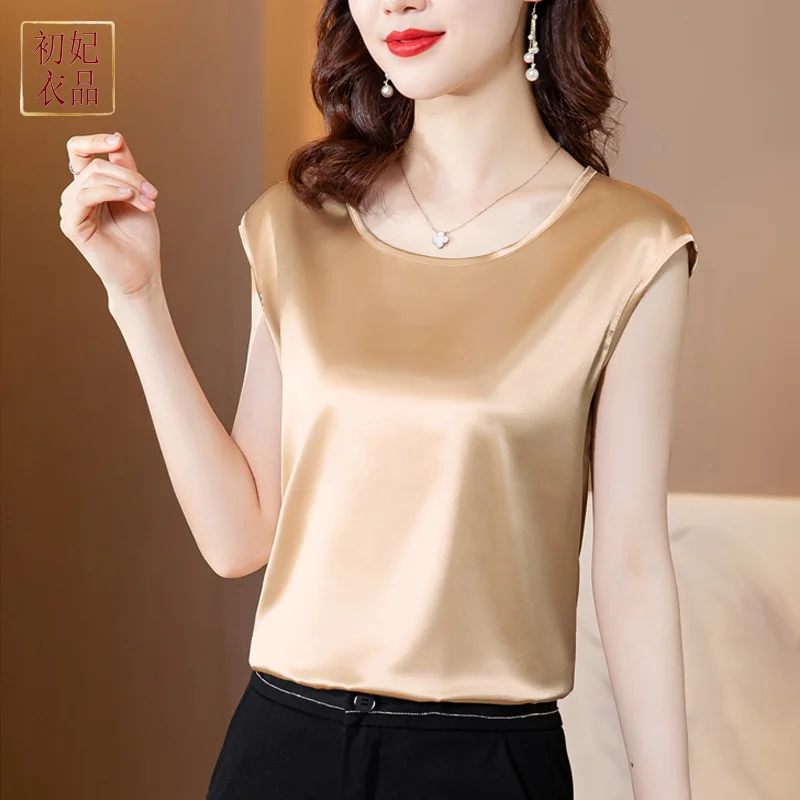 1118 Black White Blue Gold Satin Tank Top Women Oneck Elegant Basic