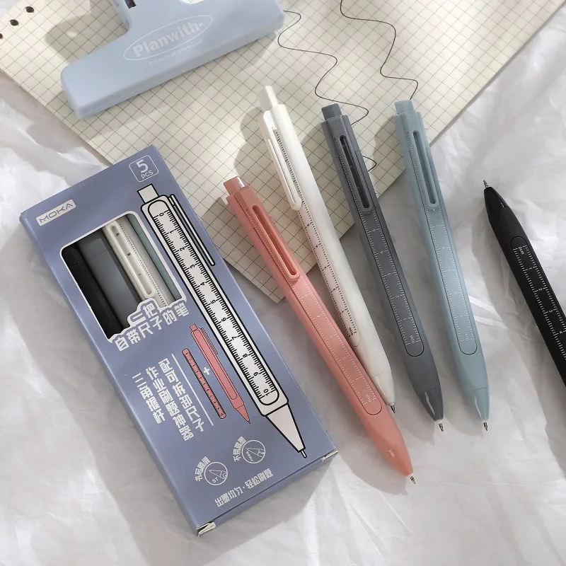 

4 Pcs/set Multifunctional Press Gel Pen with Ruler Creative DIY Student Supplies Stationery Simple 0.5mm Black Quick Dry Pens