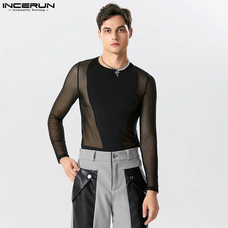 

2023 Men Bodysuits Mesh Patchwork T Shirts O-neck Long Sleeve Stylish Male Rompers Streetwear Sexy See Through Bodysuit INCERUN
