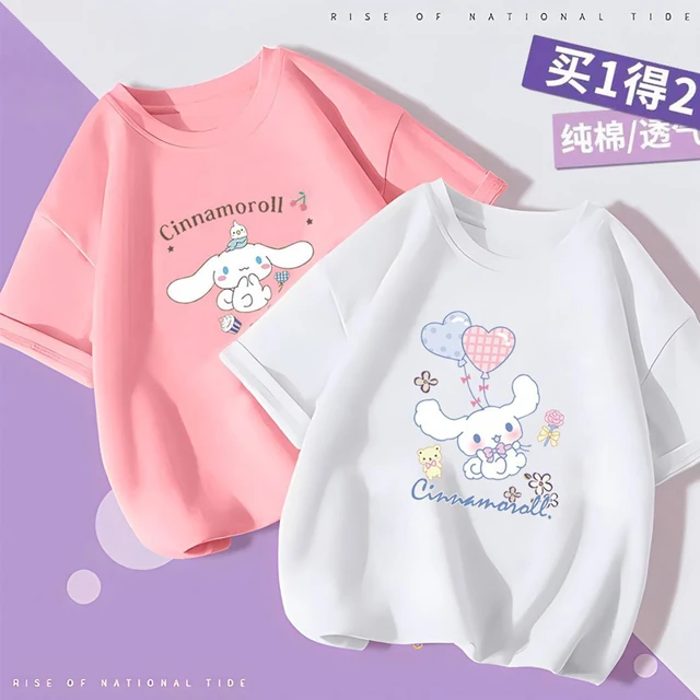 Sanrios Cinnamoroll Tops de desenho animado infantil, mangas meia, roupas  kawaii, camiseta de manga curta, doce e fofo, verão - AliExpress