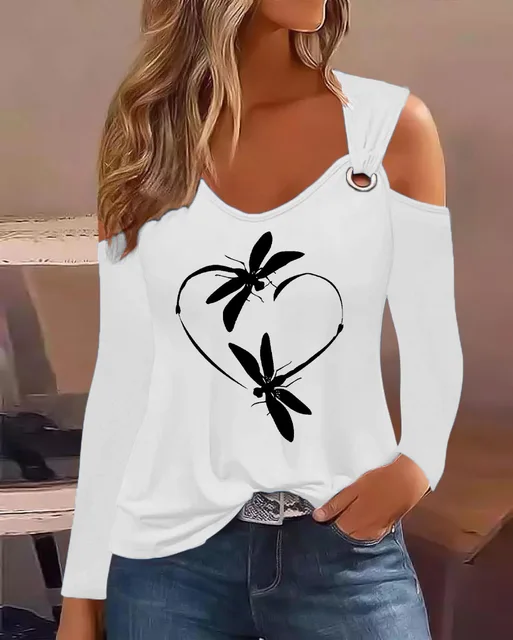 Fashion Floral Print Blouse T-shirt Woman 2024 Metal Buckle Off Shoulder Long Sleeve Top Casual Office Tee Female Streetwear 1